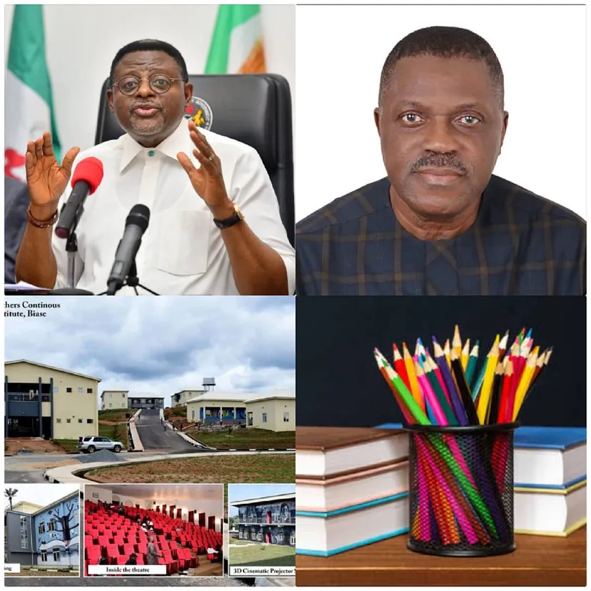 Image shows Senator Prince Bassey Otu and the DG TCTI- Professor Taoheed Adedoja And pictures of pencils and books